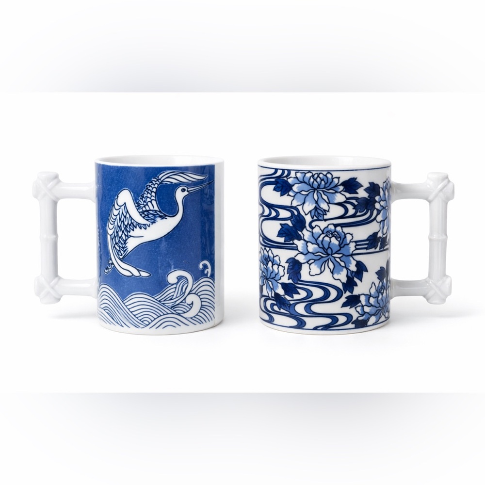 Vandor Japan Blue White Porcelain Mug Set 2 Crane Peony Bamboo Handle Nancy Getz